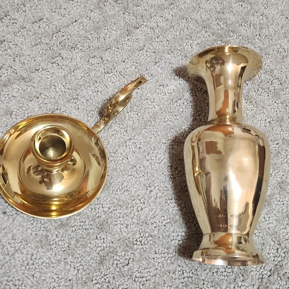 Vintage Elegant Golden Brass Vase and Candlestick Holder With Handle Set
